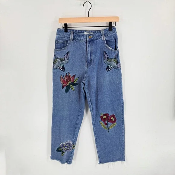 Honey Punch Embroidered Floral Bird Jeans Size M Boho Indie Whimsical Festival - Picture 11 of 11